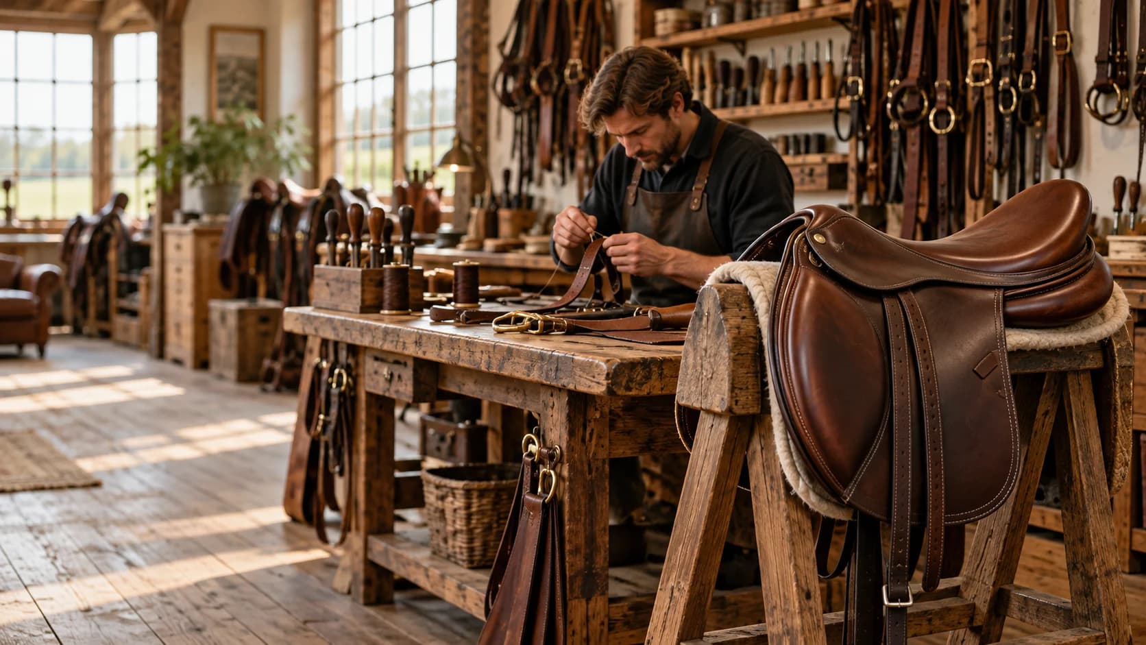 Illustration : artisan travaillant le cuir dans un atelier de sellerie